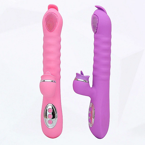 Máy mát xa lưỡi liếm 2 đầu Telescopic rung thụt ấm nóng pin sạc