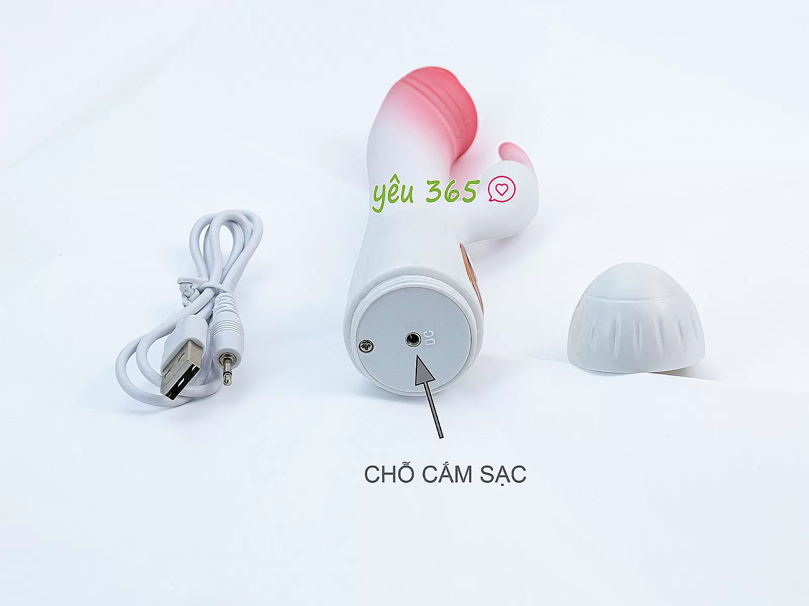 Dương vật giả đa năng có nhánh tai thỏ JIUAI trắng hồng pin sạc