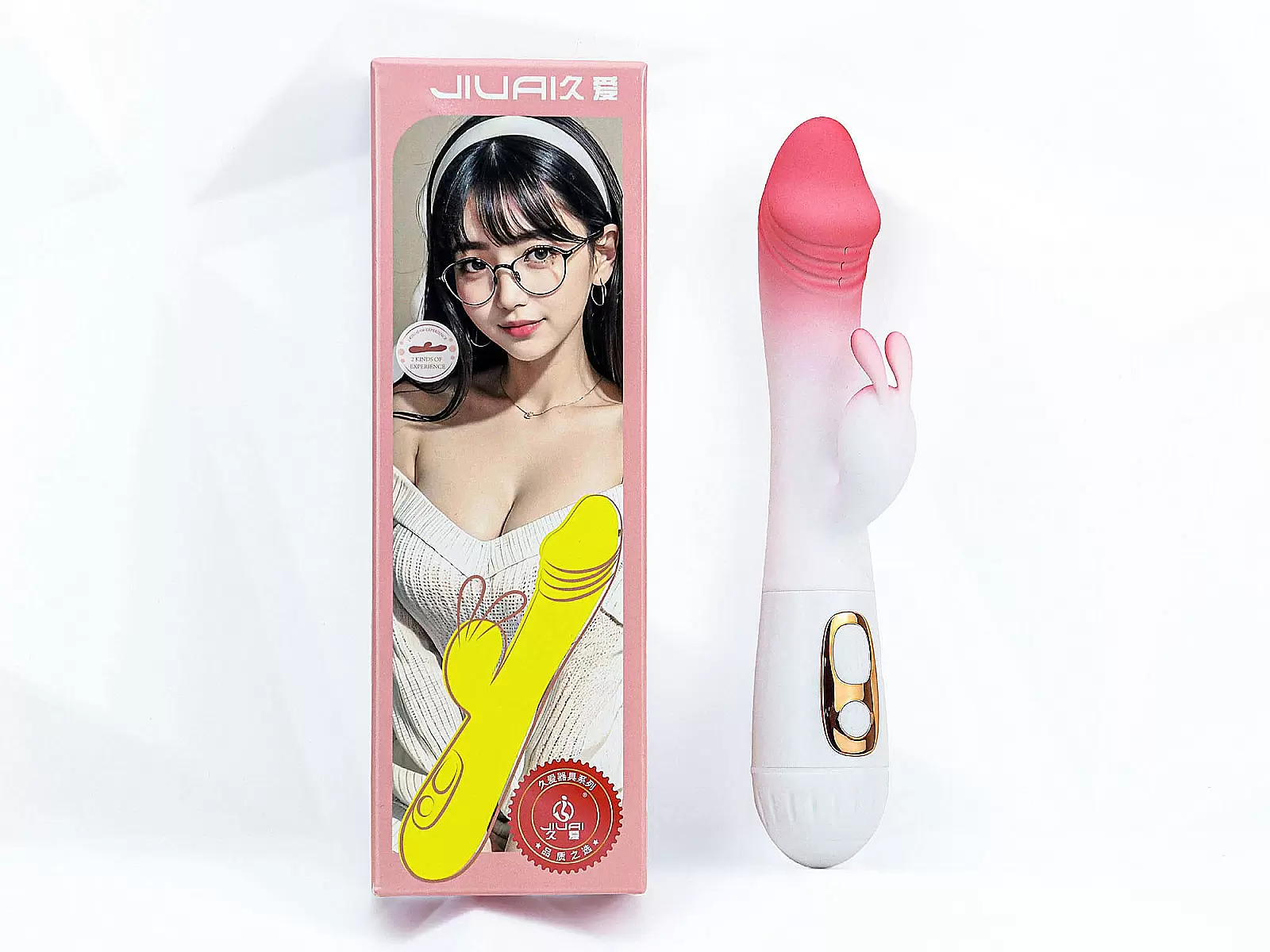 Dương vật giả đa năng có nhánh tai thỏ JIUAI trắng hồng pin sạc